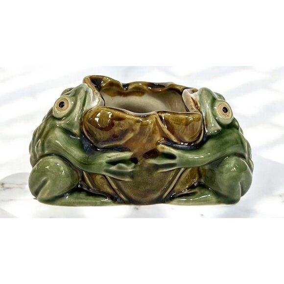 Vintage Majolica Frog Art Pottery Planter Ashtray Water Lily Green - Picture 4 of 7